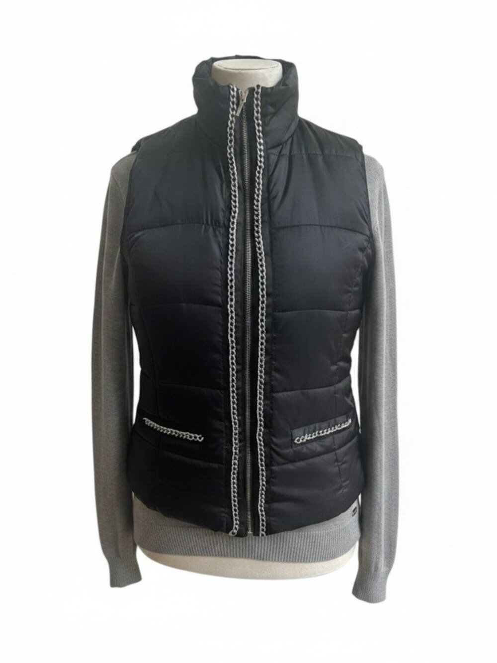 Rafaella Black Quilted Puffer Vest Chain Trim Small